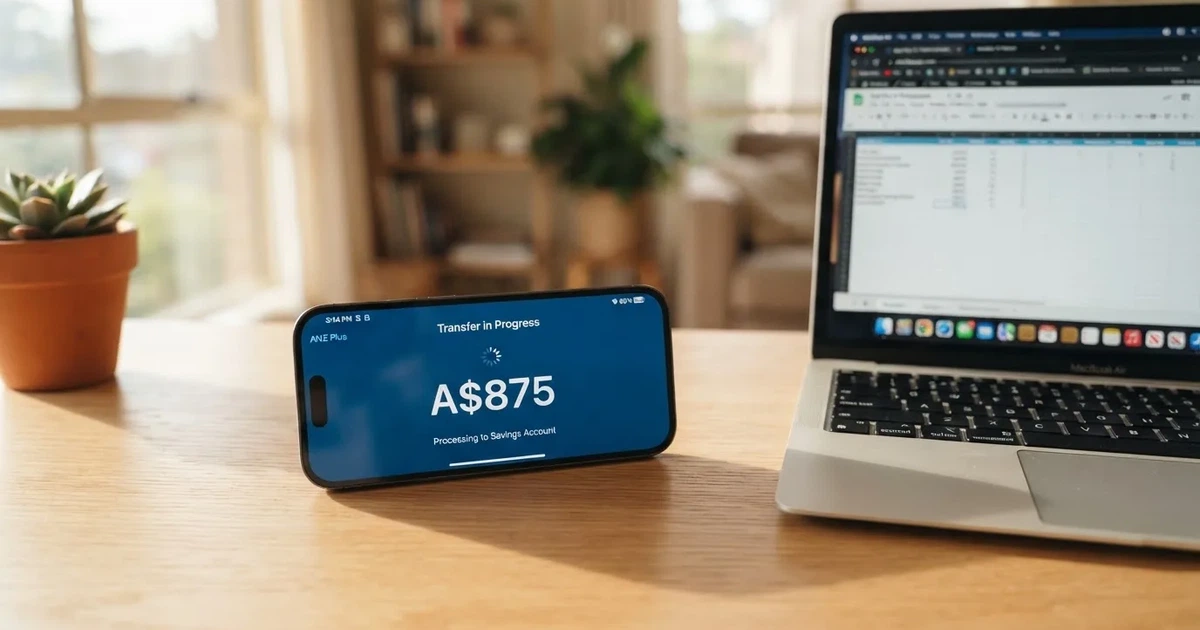 Close-up of a smartphone banking app open beside a laptop on a home desk, mid-transfer.