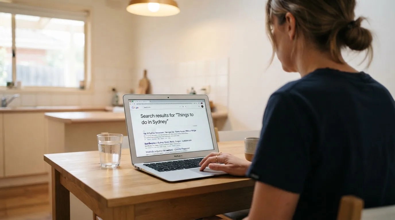 A person sits at a kitchen table, scrolling a laptop showing a general search results page about pokies bonus offers.
