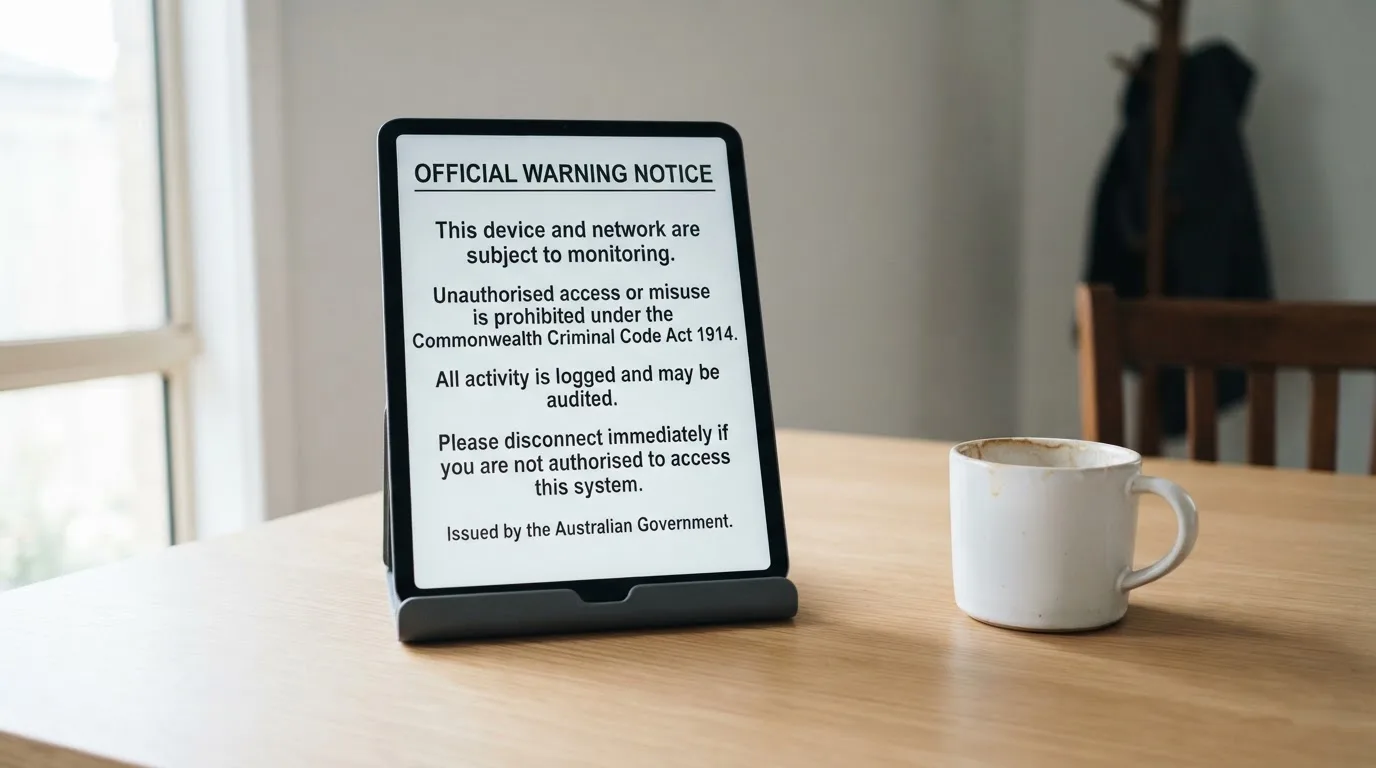 A tablet on a desk displays a plain government-style warning notice page, with a coffee cup beside it.