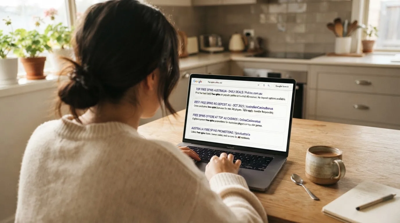 A person sits at a kitchen table, scrolling a laptop showing a general search results page about free spins offers.