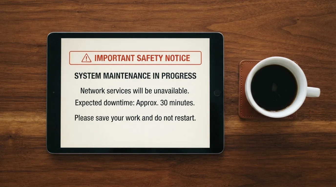 A tablet on a desk displays a plain government-style warning notice page, with a coffee cup beside it.