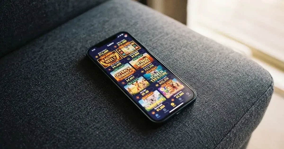 A phone screen shows a list of promotional bonus tiles as someone scrolls with one thumb on a couch.
