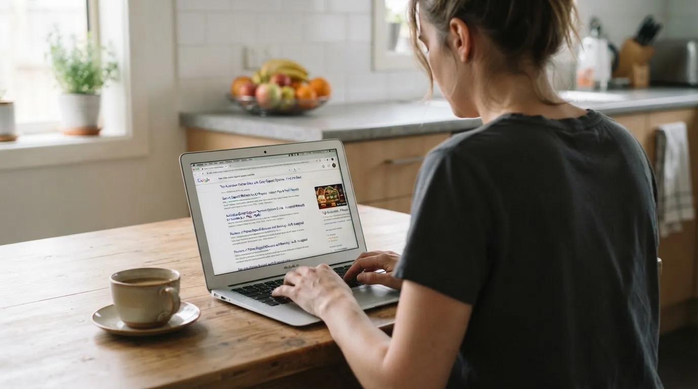 A person sits at a kitchen table, scrolling a laptop showing a general search results page about pokies deposit options.