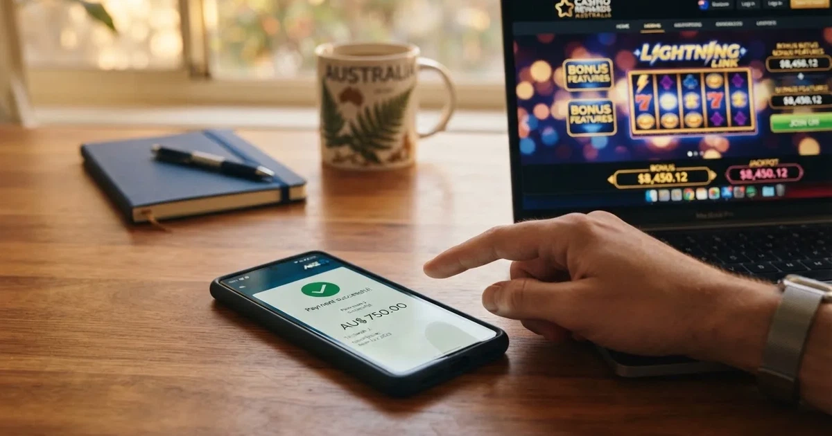 Close-up of a smartphone banking app open beside a laptop on a home desk, mid-transfer.