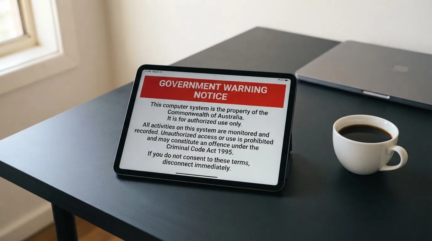 A tablet on a desk displays a plain government-style warning notice page, with a coffee cup beside it.