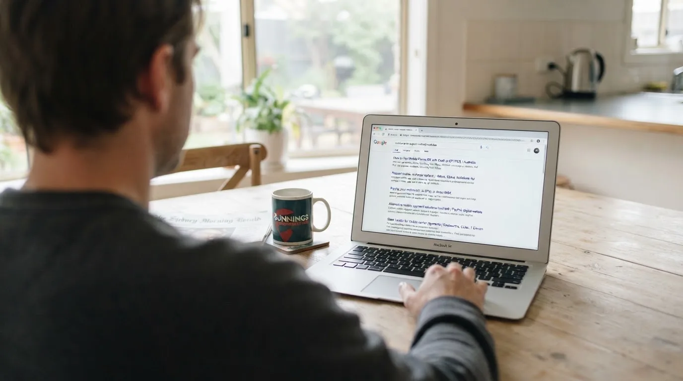 A person sits at a kitchen table, scrolling a laptop showing a general search results page about phone-bill deposits.