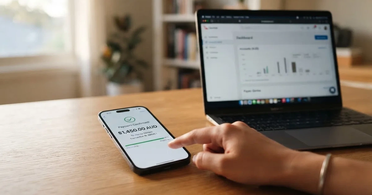 Close-up of a smartphone banking app open beside a laptop on a home desk, mid-transfer.