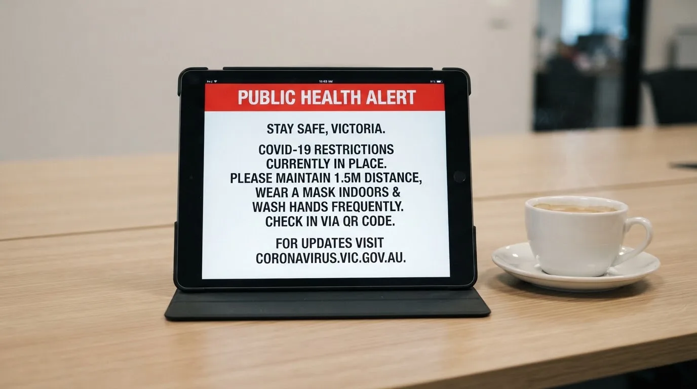 A tablet on a desk displays a plain government-style warning notice page, with a coffee cup beside it.