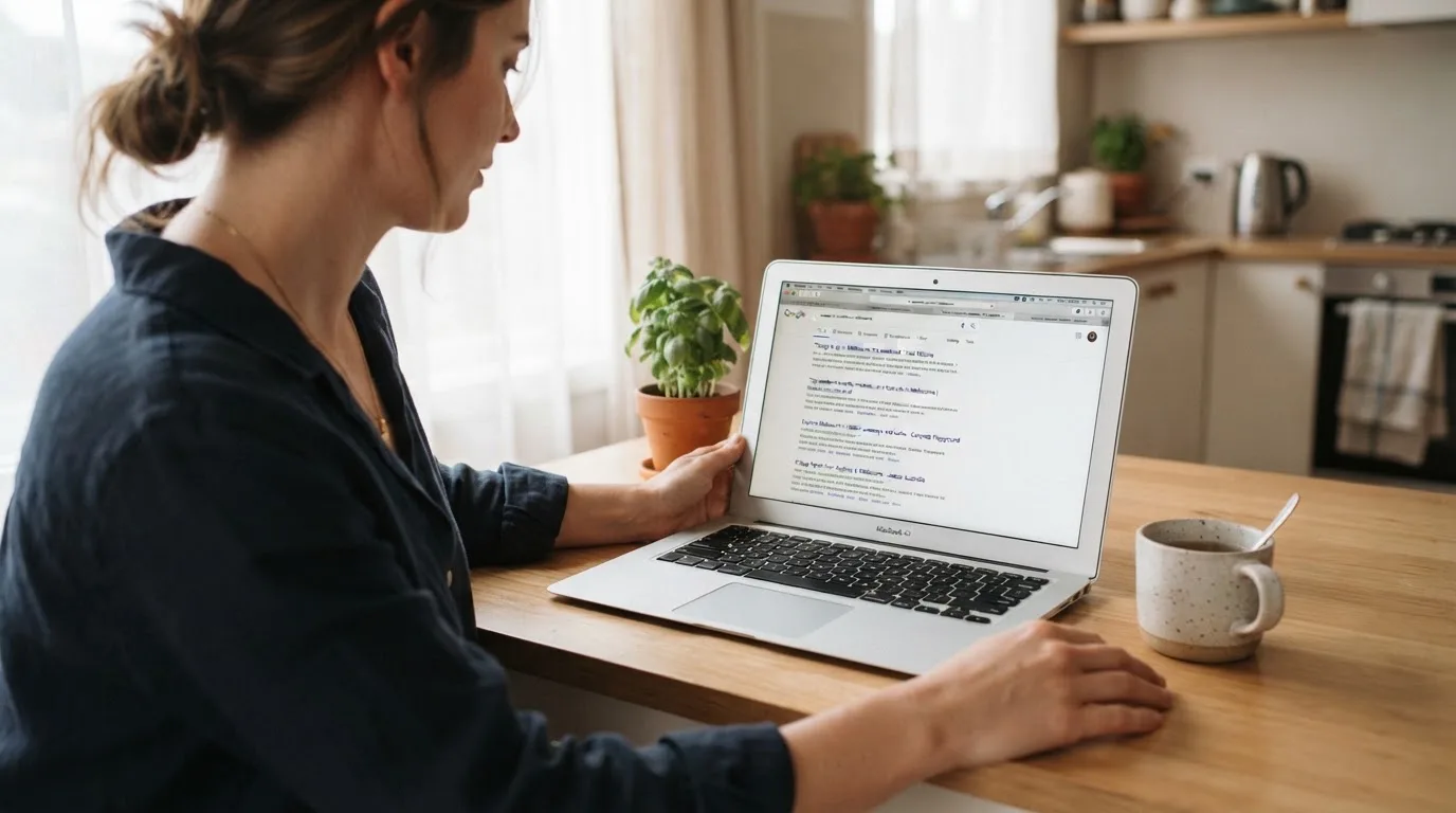 A person sits at a kitchen table, scrolling a laptop showing a general search results page about pokies bonus claims.
