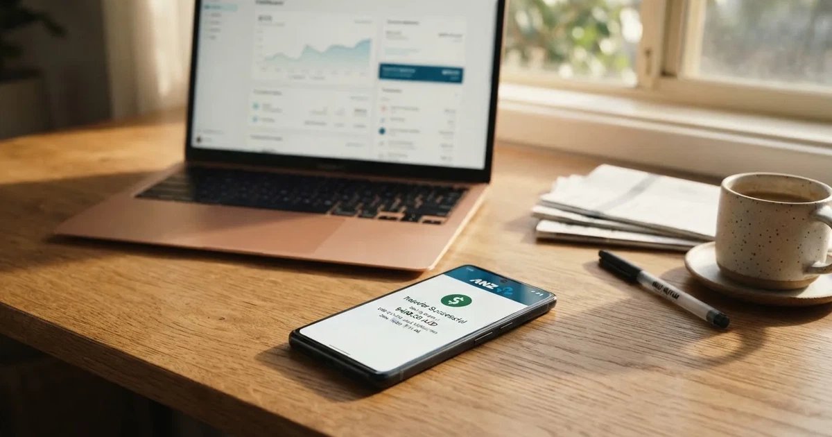 Close-up of a smartphone banking app open beside a laptop on a home desk, mid-transfer.