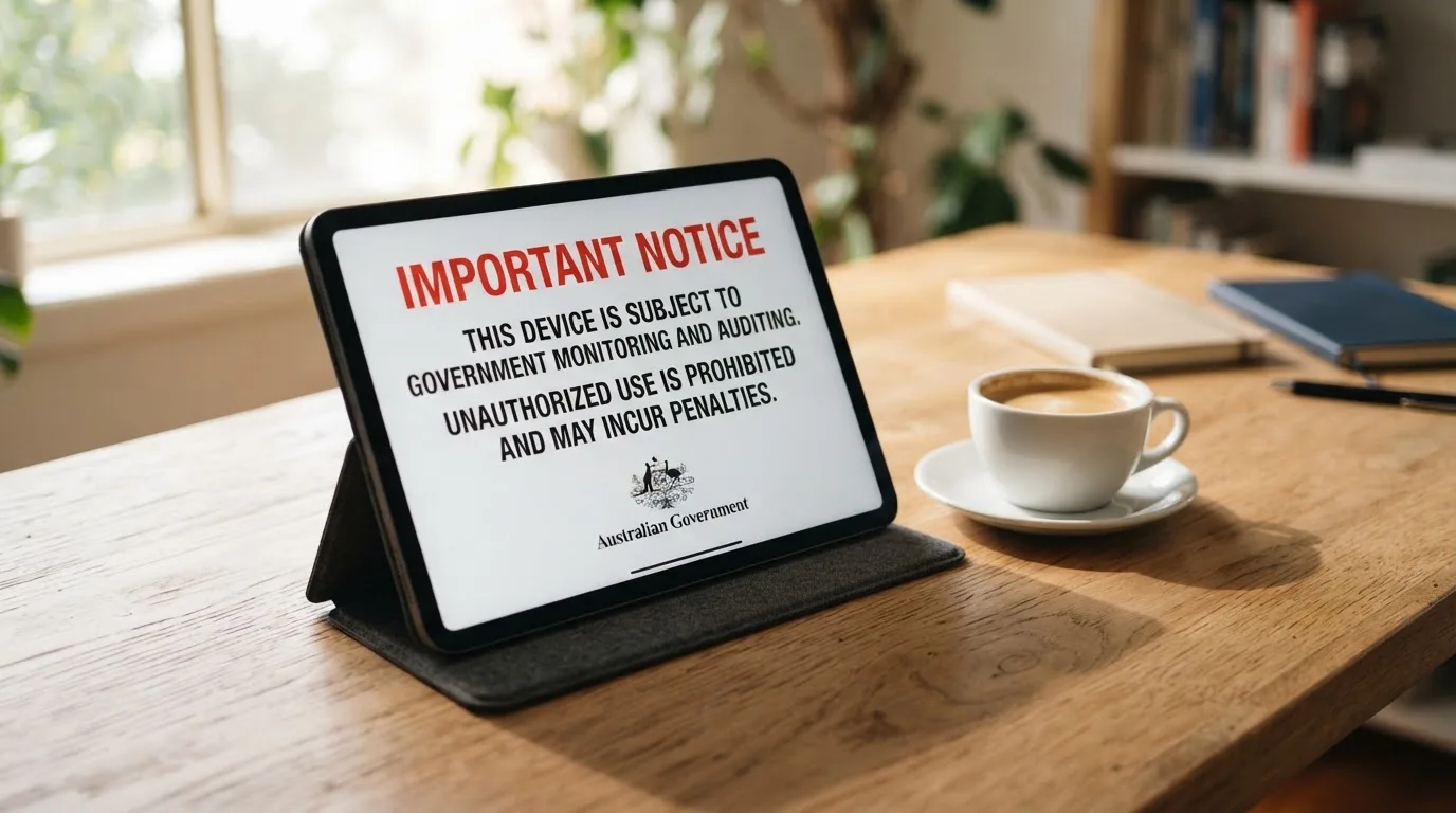 A tablet on a desk displays a plain government-style warning notice page, with a coffee cup beside it.