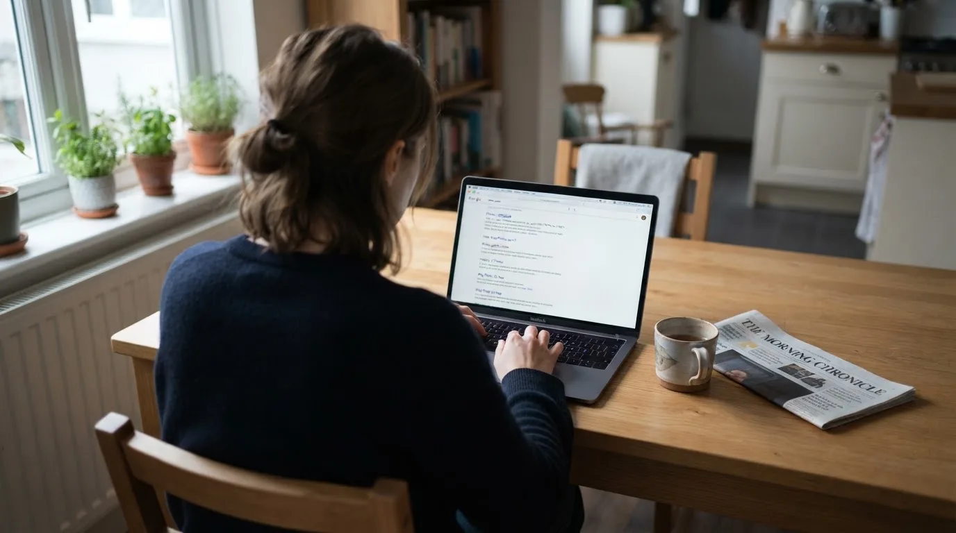 A person sits at a kitchen table, scrolling a laptop showing a general search results page about the Plinko game.