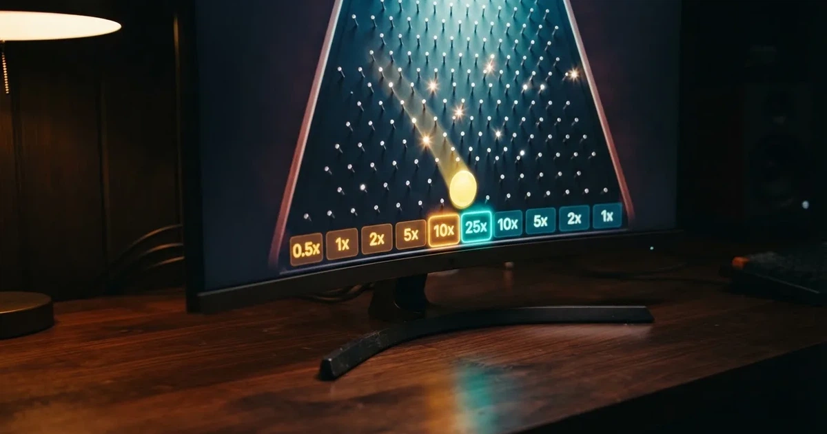 A close-up of a Plinko-style game board with pegs and multiplier slots shown on a monitor.
