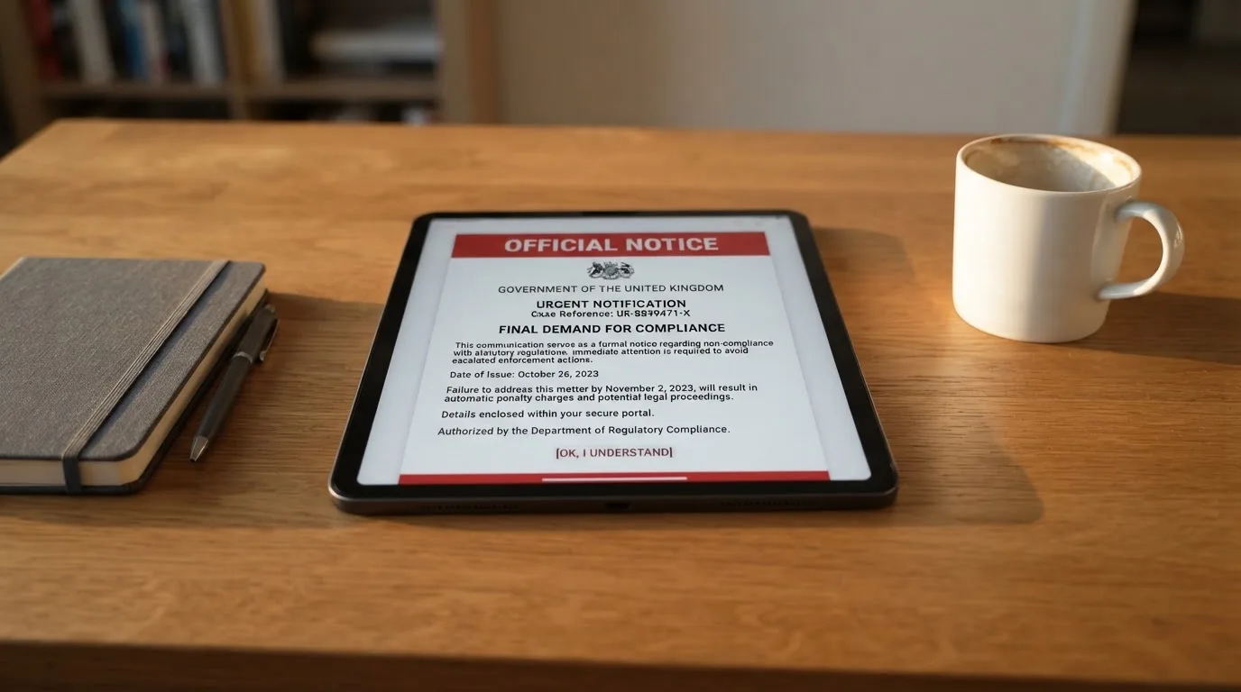A tablet on a desk displays a plain government-style warning notice page, with a coffee cup beside it.