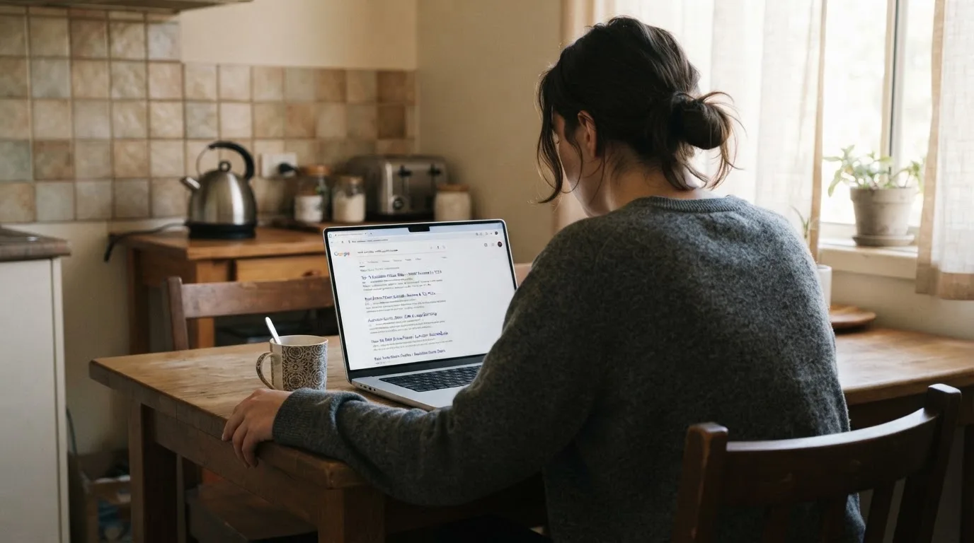 A person sits at a kitchen table, scrolling a laptop showing a general search results page about a review of a pokies site.