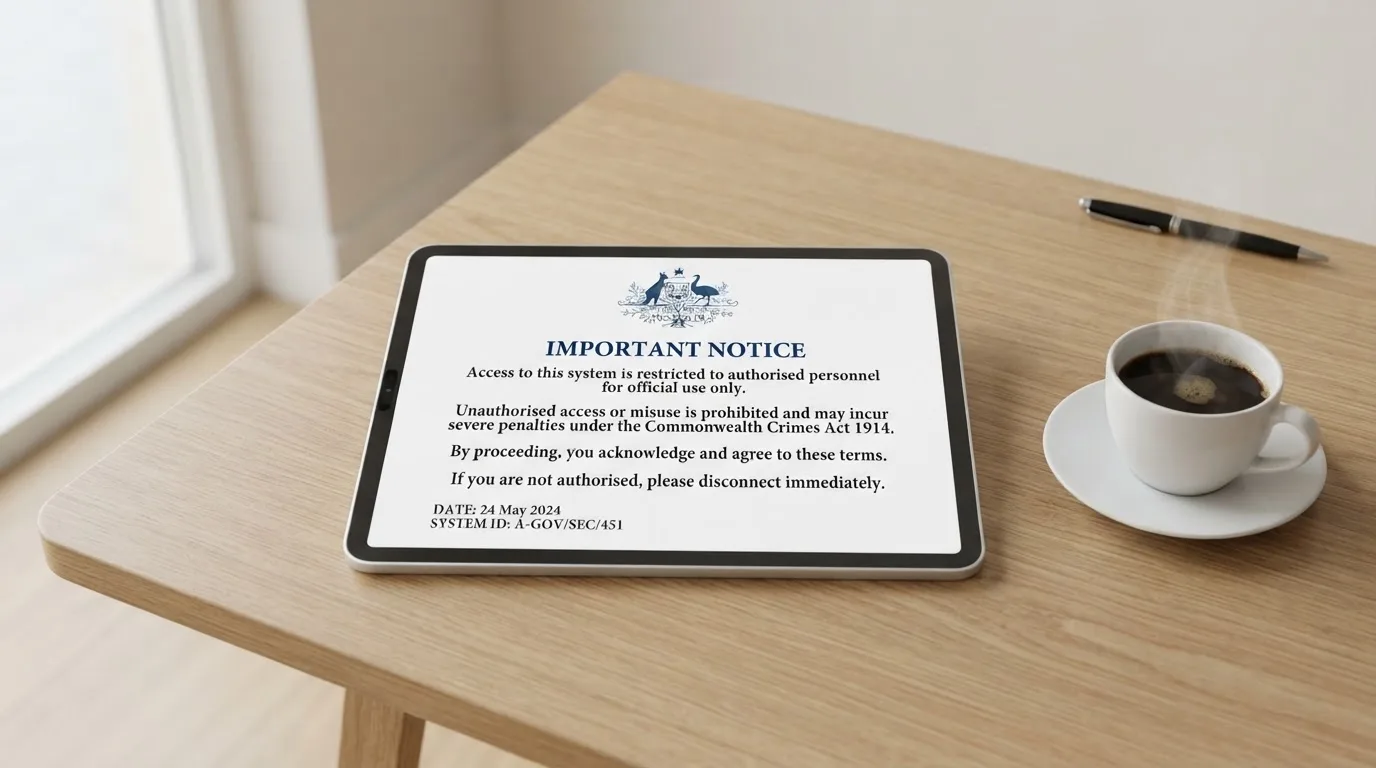A tablet on a desk displays a plain government-style warning notice page, with a coffee cup beside it.
