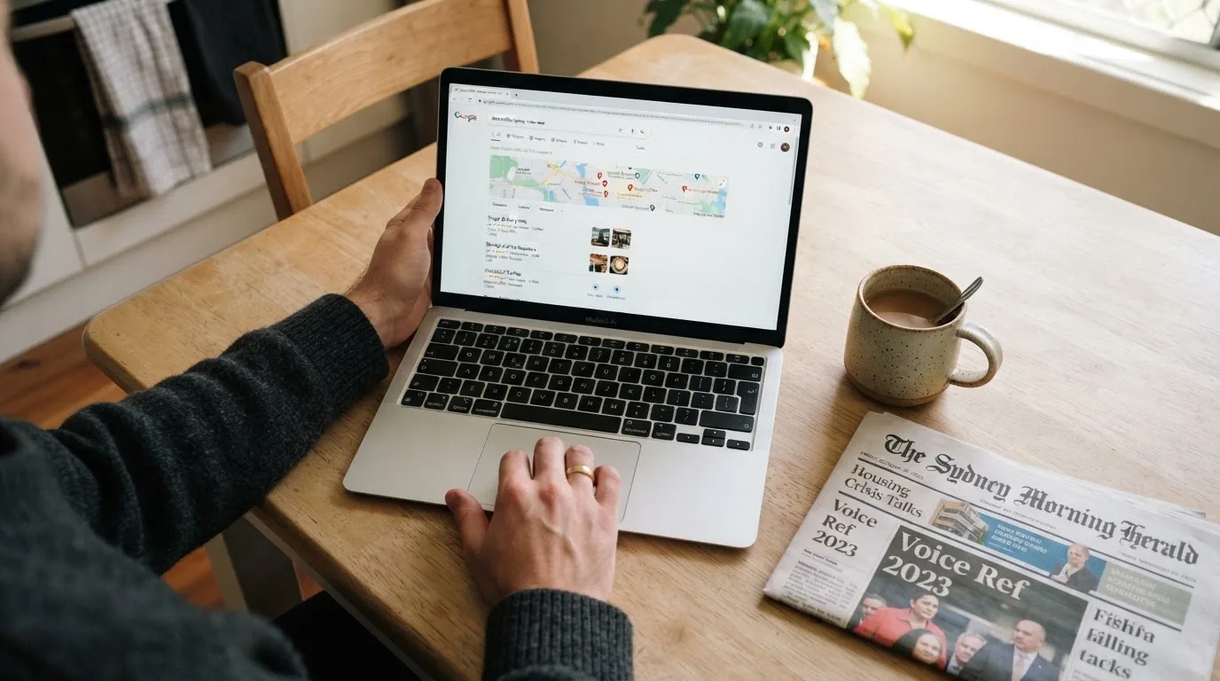 A person sits at a kitchen table, scrolling a laptop showing a general search results page about nearby venues.