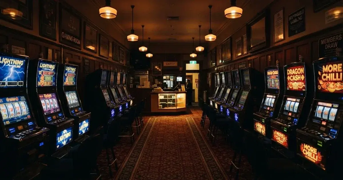 The interior of an Australian pub gaming room with rows of poker machines under dim lighting, no patrons visible.
