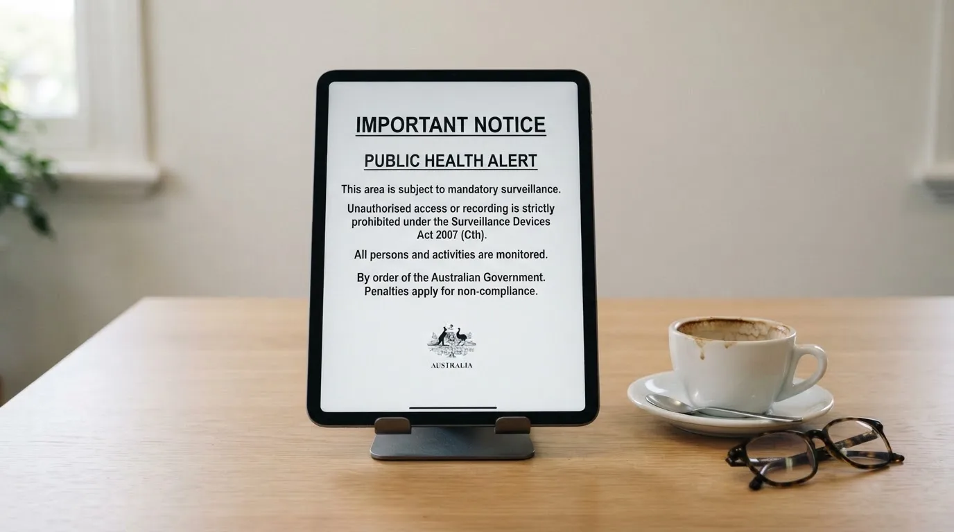 A tablet on a desk displays a plain government-style warning notice page, with a coffee cup beside it.
