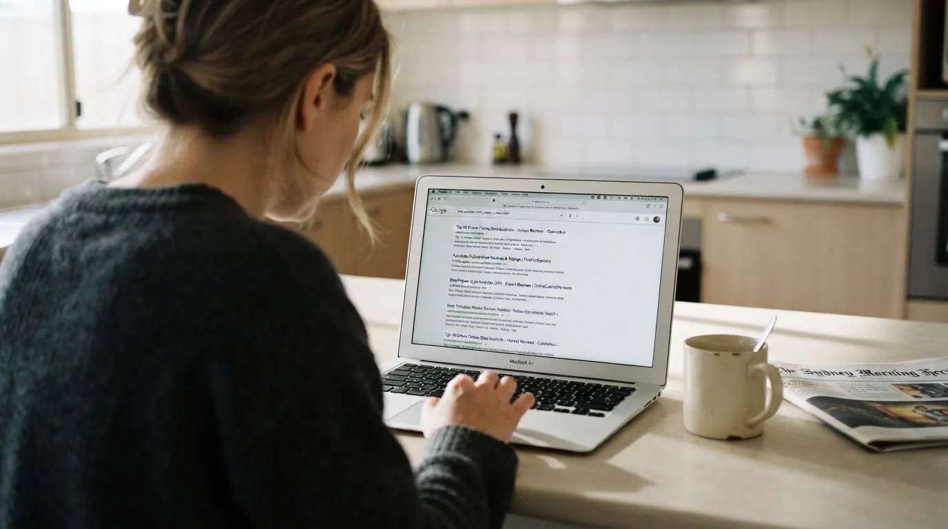 A person sits at a kitchen table, scrolling a laptop showing a general search results page about a review of a pokies site.
