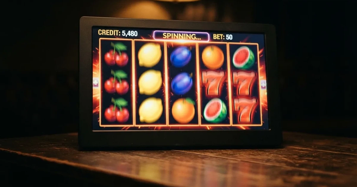 A close-up of a slot reel display shown on a monitor, no other windows open.