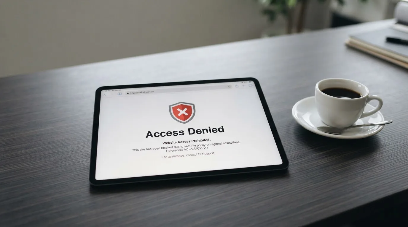 A tablet on a desk displays a plain government-style warning notice page, with a coffee cup beside it.