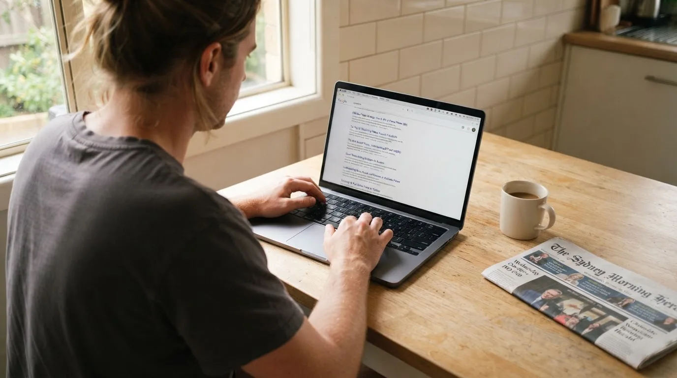 A person sits at a kitchen table, scrolling a laptop showing a general search results page about pokies strategy articles.