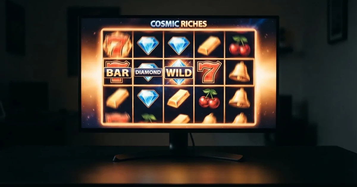 A close-up of a slot reel display shown on a monitor, no other windows open.