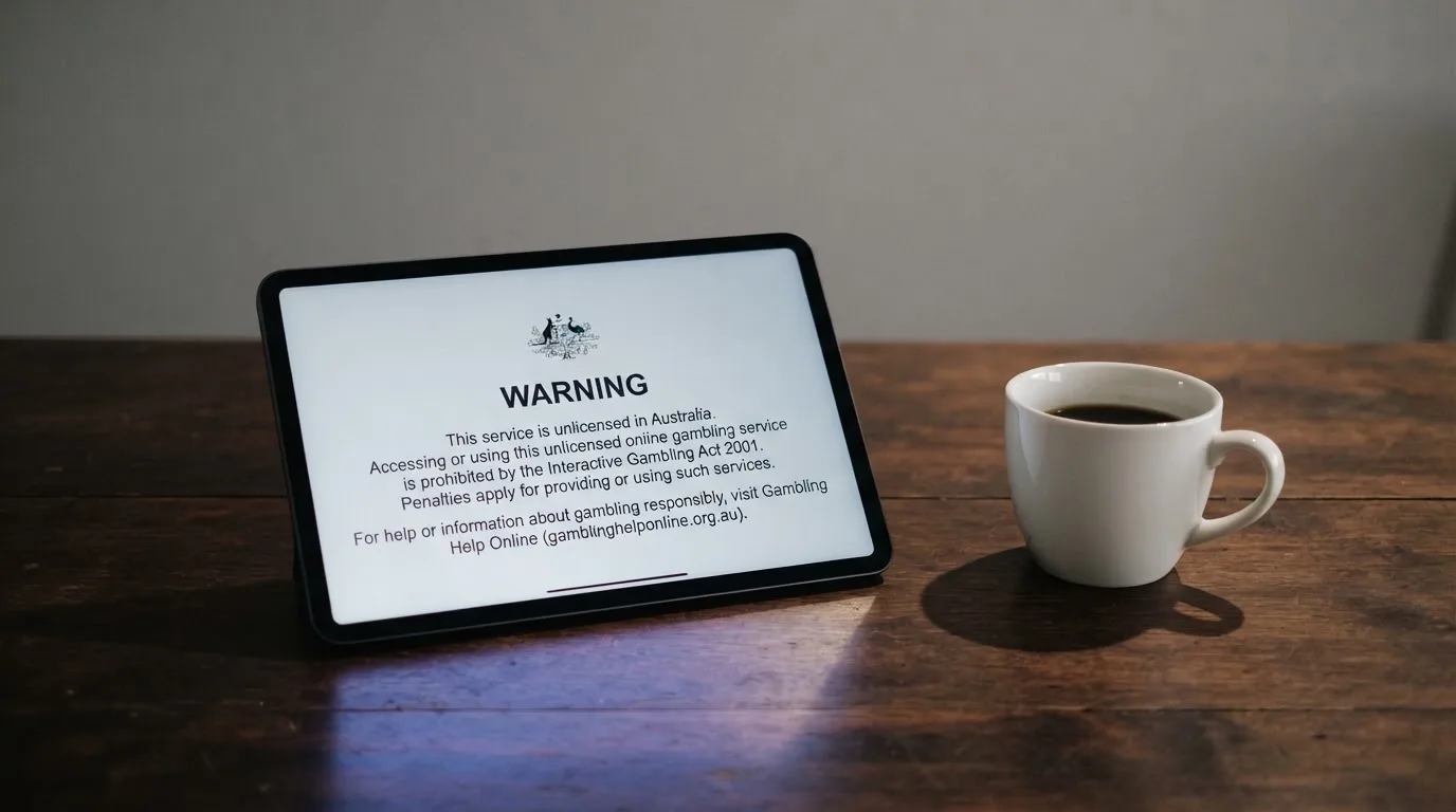A tablet on a desk displays a plain government-style warning notice page, with a coffee cup beside it.