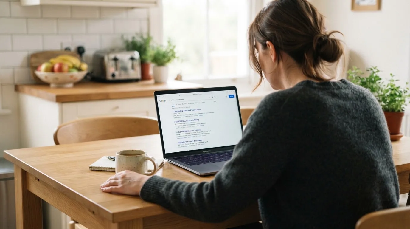 A person sits at a kitchen table, scrolling a laptop showing a general search results page about withdrawal speed claims.