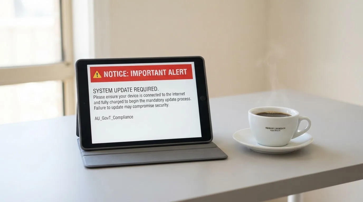 A tablet on a desk displays a plain government-style warning notice page, with a coffee cup beside it.