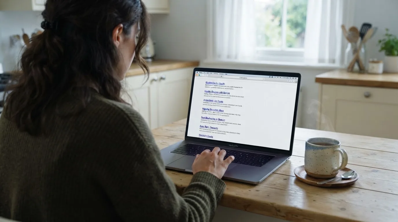 A person sits at a kitchen table, scrolling a laptop showing a general search results page about real-cash pokies claims.