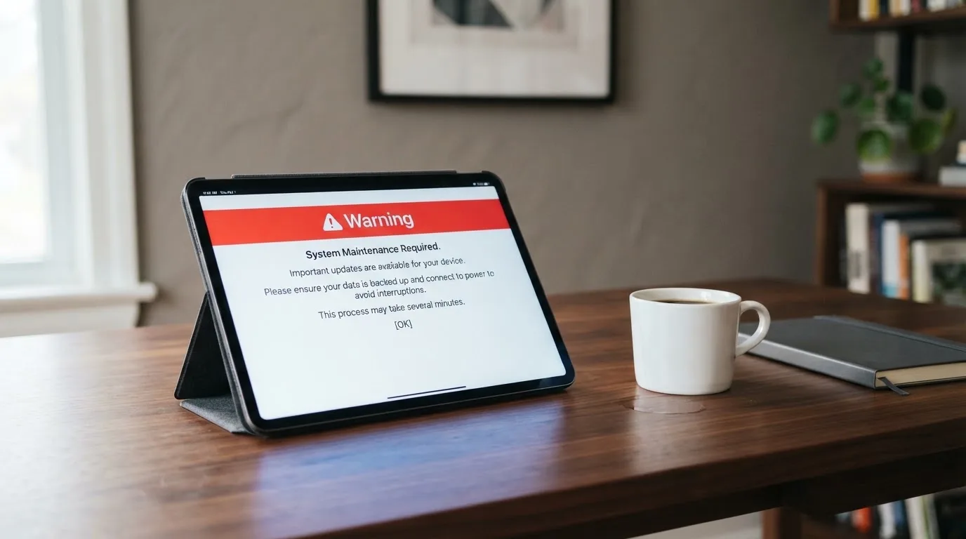 A tablet on a desk displays a plain government-style warning notice page, with a coffee cup beside it.
