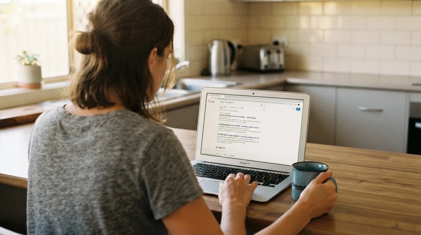 A person sits at a kitchen table, scrolling a laptop showing a general search results page about table game odds.