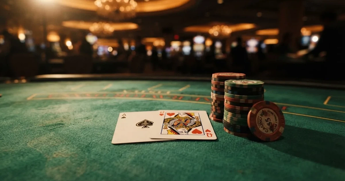 A close-up of a blackjack table felt with cards and chips laid out, no dealer or players visible.