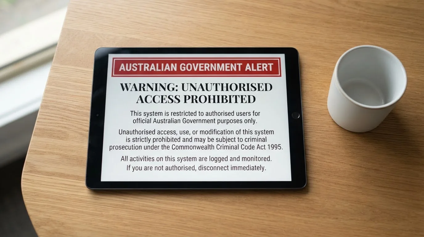 A tablet on a desk displays a plain government-style warning notice page, with a coffee cup beside it.