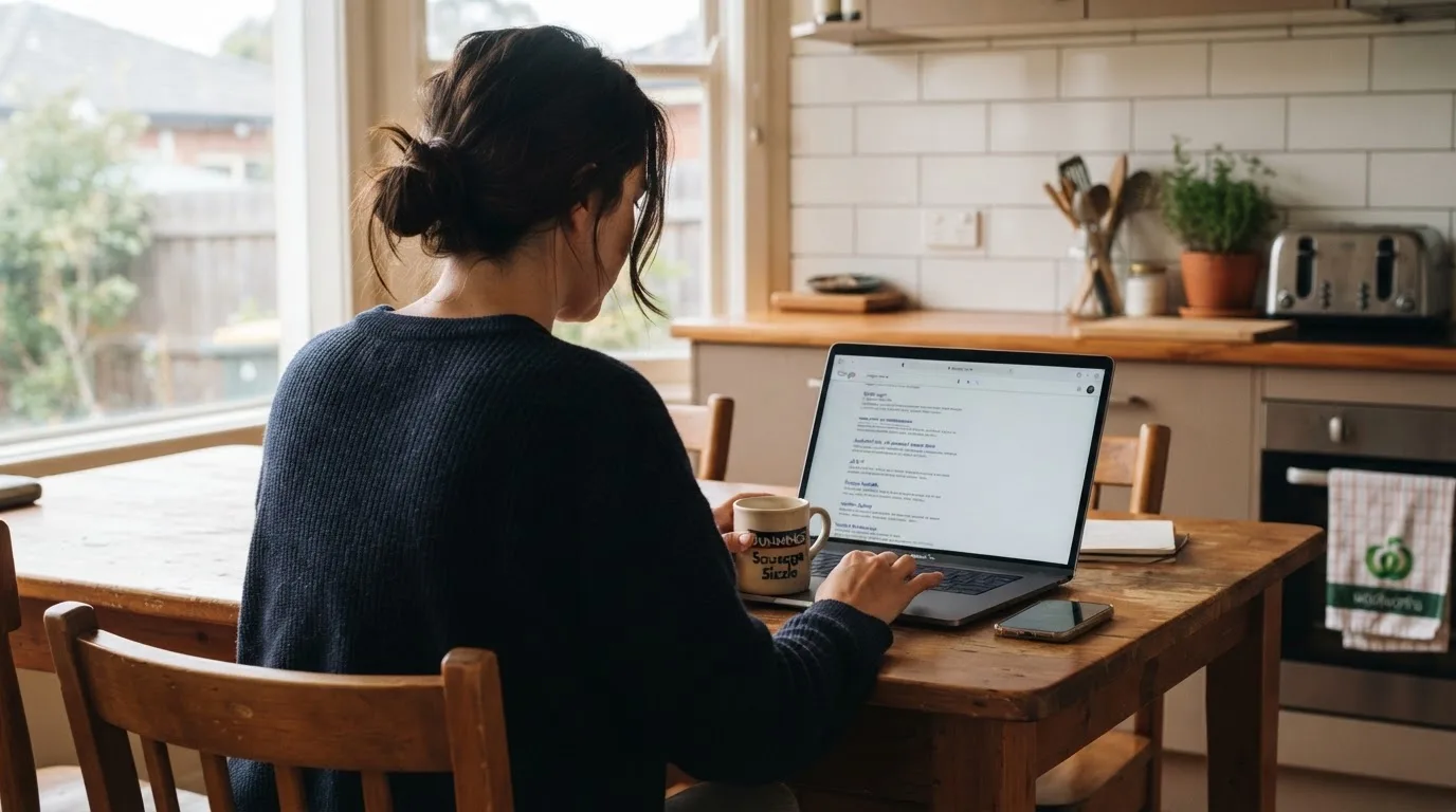 A person sits at a kitchen table, scrolling a laptop showing a general search results page about pokies apps.