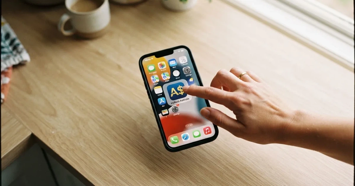 A hand holds a smartphone with an app icon grid visible on the home screen, thumb hovering over the display.