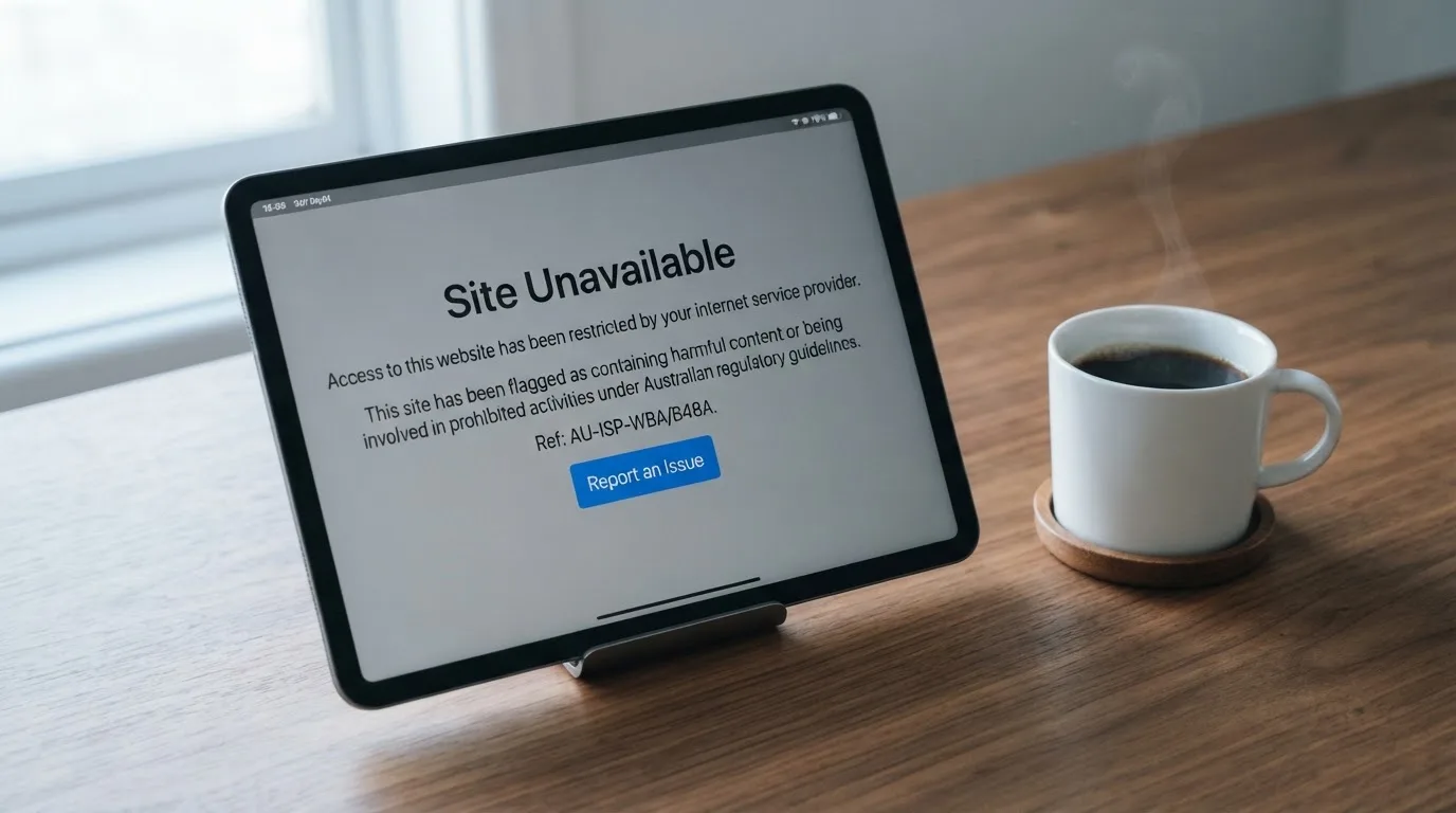A tablet on a desk displays a plain government-style warning notice page, with a coffee cup beside it.