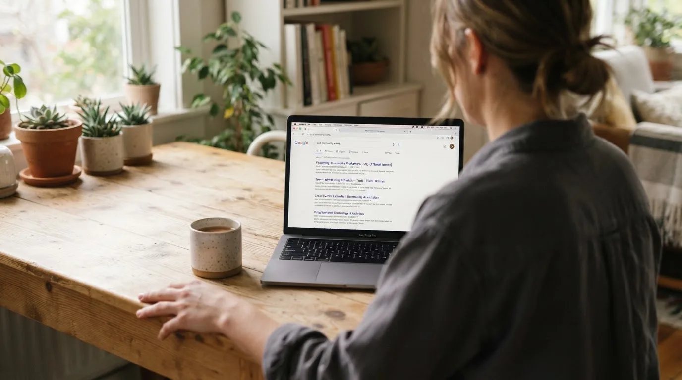 A person sits at a kitchen table, scrolling a laptop showing a general search results page about pokies apps.
