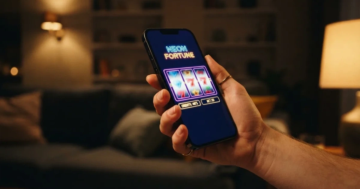 A hand holds a smartphone with an app icon grid visible on the home screen, thumb hovering over the display.