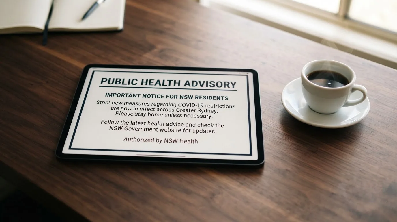 A tablet on a desk displays a plain government-style warning notice page, with a coffee cup beside it.