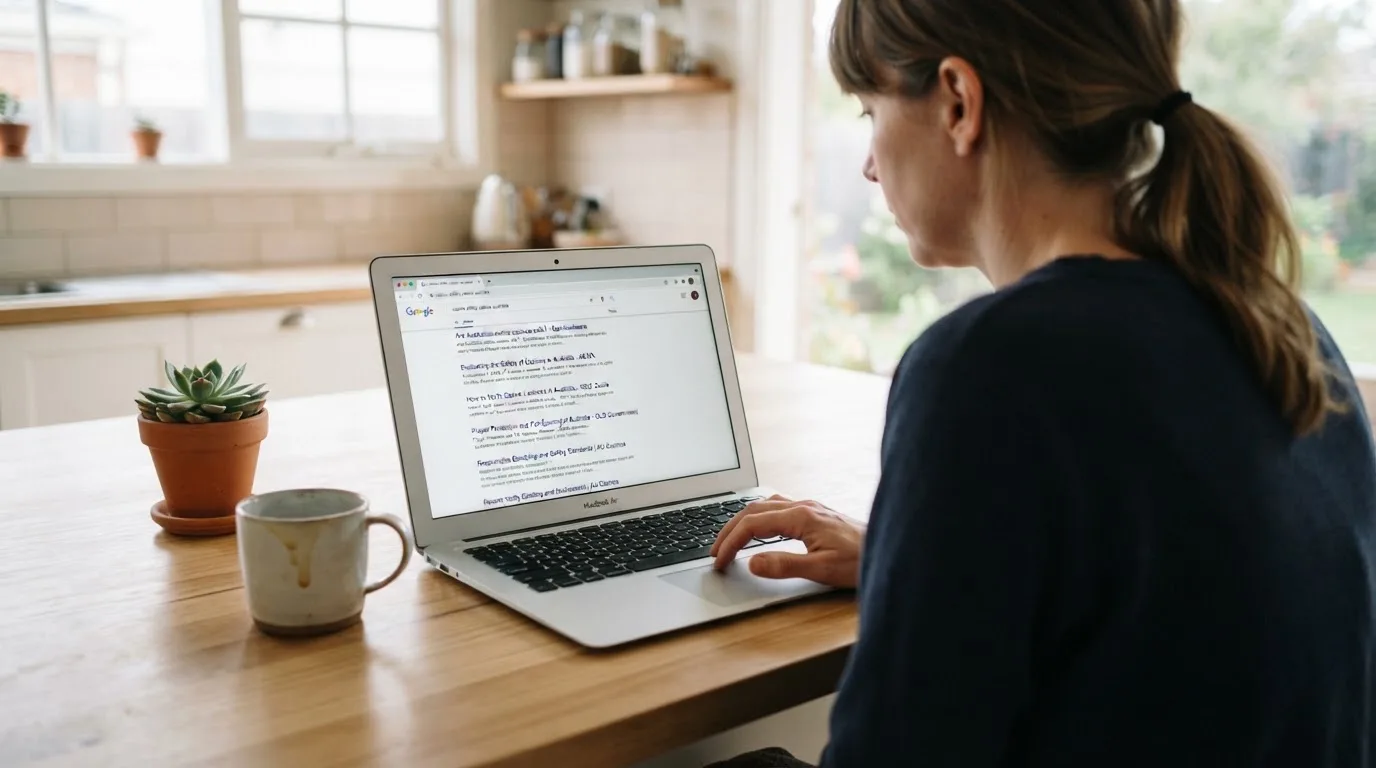 A person sits at a kitchen table, scrolling a laptop showing a general search results page about casino safety claims.