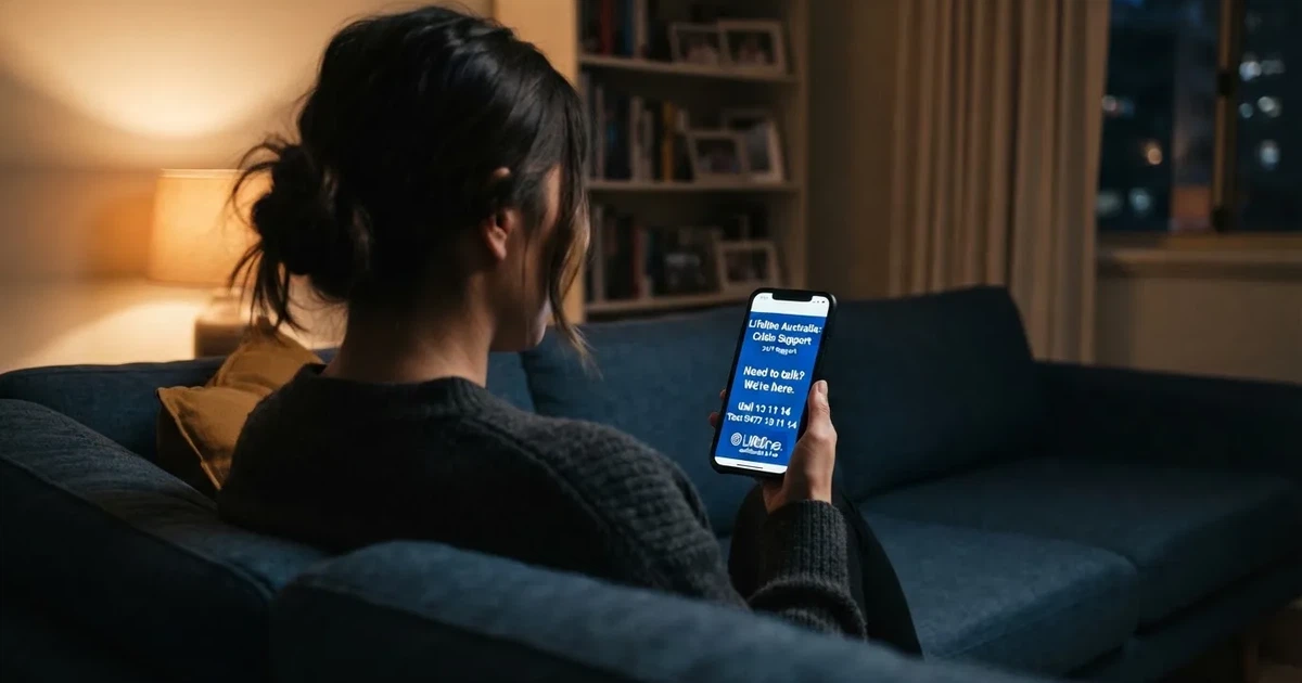 A person looks at a support-helpline page on a phone while sitting alone on a sofa.