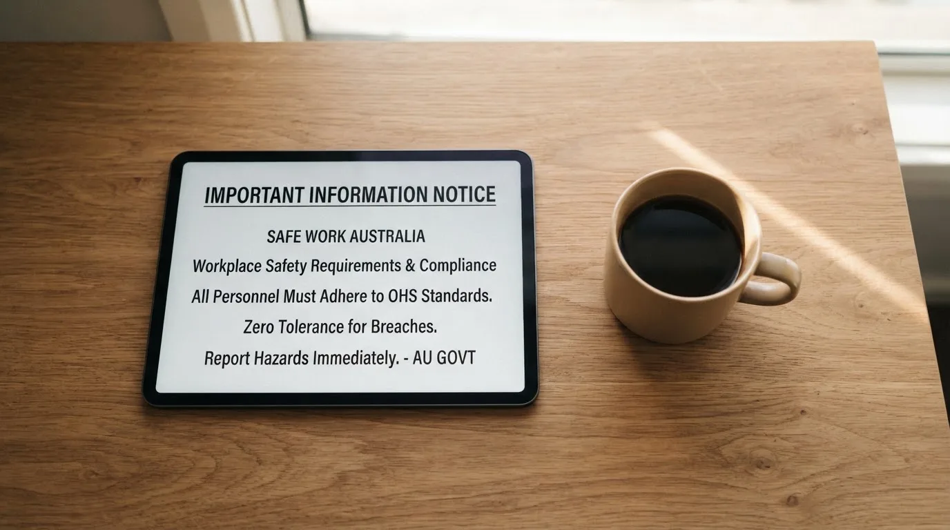 A tablet on a desk displays a plain government-style warning notice page, with a coffee cup beside it.
