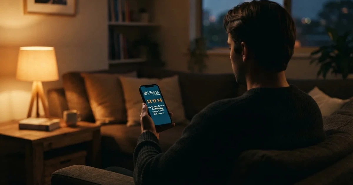 A person looks at a support-helpline page on a phone while sitting alone on a sofa.