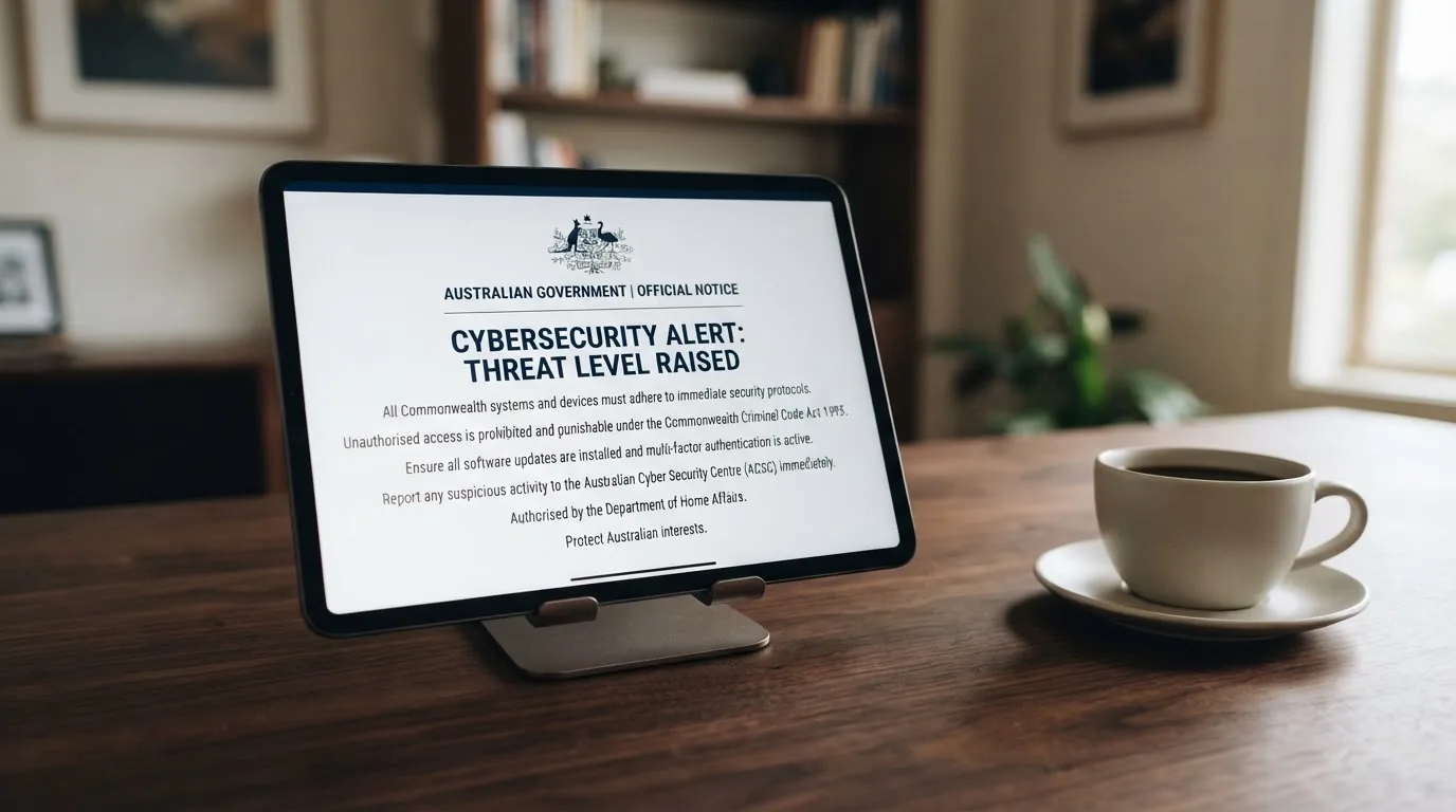 A tablet on a desk displays a plain government-style warning notice page, with a coffee cup beside it.
