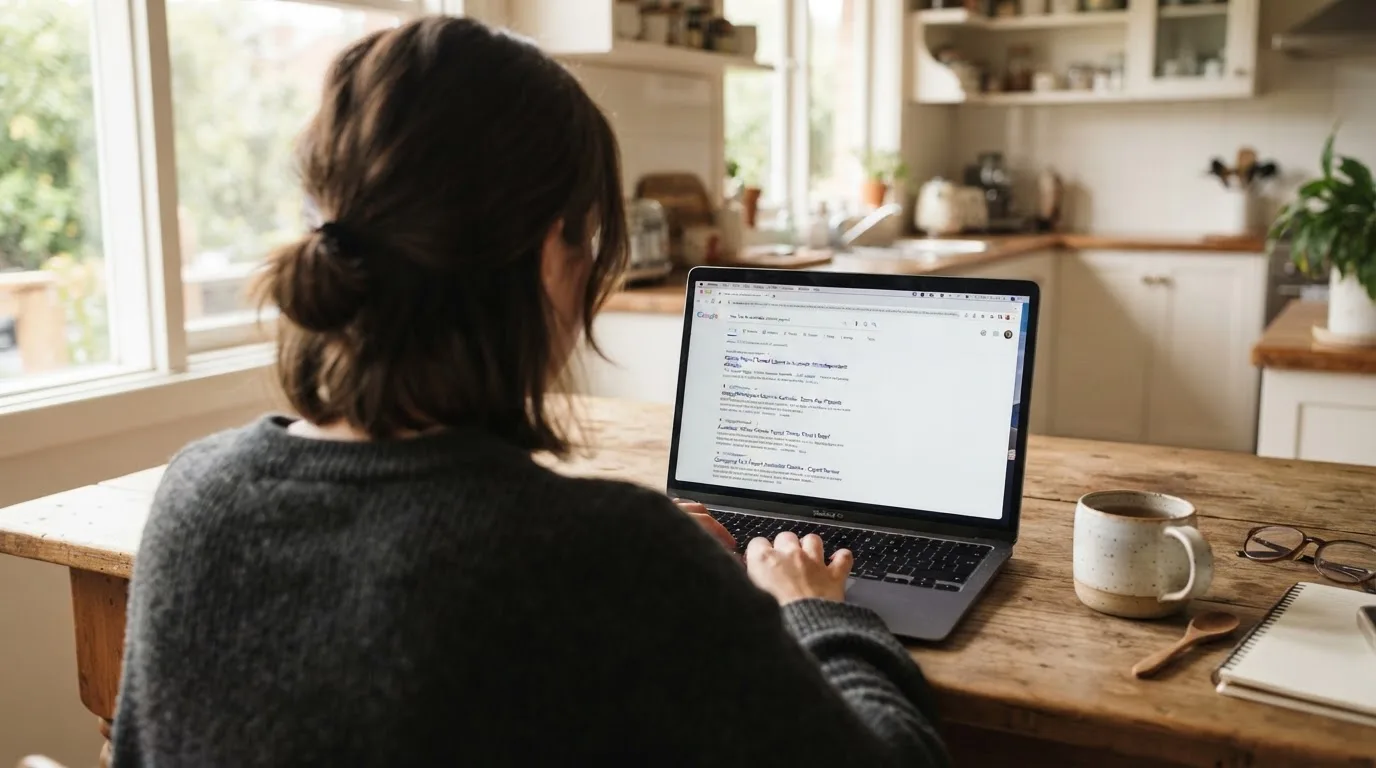 A person sits at a kitchen table, scrolling a laptop showing a general search results page about payout speed claims.