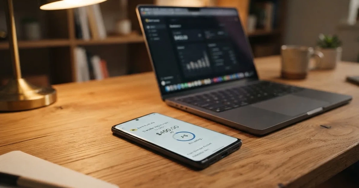 Close-up of a smartphone banking app open beside a laptop on a home desk, mid-transfer.