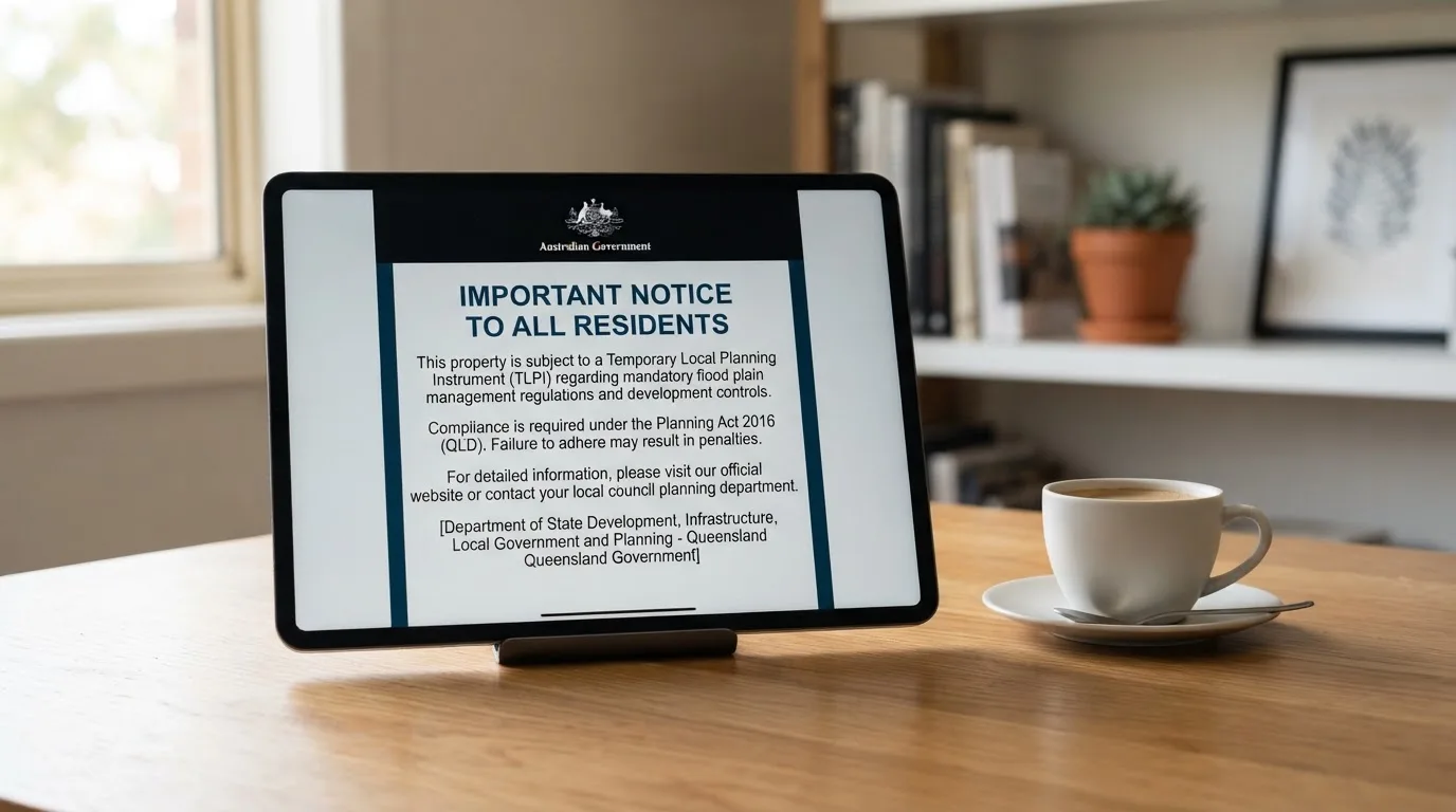 A tablet on a desk displays a plain government-style warning notice page, with a coffee cup beside it.